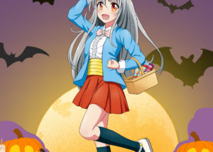 うまい棒が入ったカゴを持ったうまみちゃんのイラスト。背景にはコウモリやカボチャのランタンが描かれ、ハロウィンらしいイラストになっています