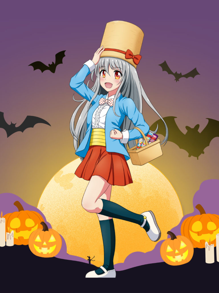うまい棒が入ったカゴを持ったうまみちゃんのイラスト。背景にはコウモリやカボチャのランタンが描かれ、ハロウィンらしいイラストになっています